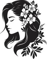 minimalista floral resplandor negro mujer icono sofisticado floración aura hecho a mano emblema vector