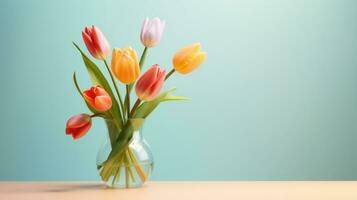 AI generated Colorful Tulips in glass vase on blue background with empty place Composition of spring bouquet on table and copy space for Mother's or Women's Day. Minimalistic design and pastel colors. photo
