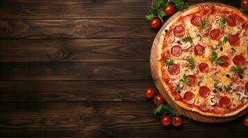 AI generated Pizza on a wooden board Top view. Wood table and background with Copy space. Delicious pizza with tomatoes, mushrooms and sausage for restaurant, cafe. photo