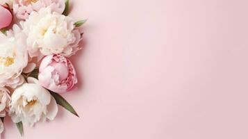 AI generated Pink empty background with Spring peony Flowers. Wedding invitation and greeting card, Happy Women day Banner  copy space. Summer Flat lay natural floral sale illustration and text space. photo
