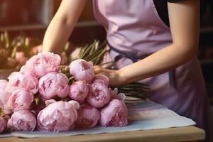 AI generated Close-up of female hands making Bouquet of peonies. A florist forms festive armful of flowerets. Bough-pot for congratulations to mothers and women blurred background of flower shop photo