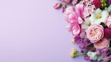 AI generated Spring Floral empty background. Flat lay of summer meadow flowers sale illustration and text space. Wedding invitation and greeting card, Happy Women and Mother day Banner copy space. photo