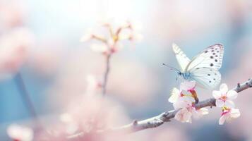 AI generated Close up Butterfly on branch of flowering tree with Blurred spring background and copyspace. pastel floral banner with copy space. Template congratulations on Mother's Day and holidays. photo
