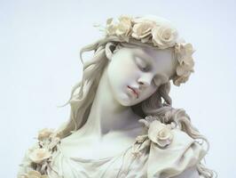 AI generated Greek sad Sculpture Antique of Woman on grey pastel y2k background. Ancient beautiful female goddess with close eyes. Beautiful Statue in profile. Minimalistic modern trendy style. photo