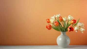 ai generado vistoso tulipanes en vaso florero en naranja antecedentes con vacío lugar. primavera ramo de flores en mesa y Copiar espacio para de la madre o De las mujeres día. minimalista diseño y pastel colores. foto