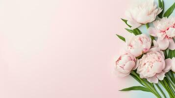 AI generated Happy Women day Banner. Spring peony Flowers on pink background with copy space for Wedding invitation and greeting card.. Flat lay natural floral illustration layout and text space. photo