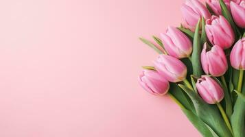 AI generated Spring tulip Flowers on pink background with copy space. Flat lay natural floral banner layout and text space. Romantic feminine composition. Wedding invitation. Happy Women, Mother Day photo