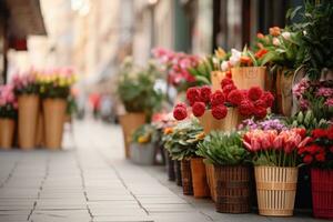 ai generado calle flor tiendas en europeo estilo. ramos de flores de rosas tulipanes en grande cestas estar en mercado en frente de edificio. un hermosa primavera floral imagen en borroso antecedentes foto