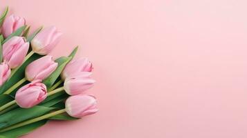 AI generated Spring tulip Flowers on pink background with copy space. Flat lay natural floral banner layout and text space. Romantic feminine composition. Wedding invitation. Happy Women, Mother Day photo