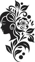 Abstract Flora Fusion Black Artistic Face Emblem Elegant Botanical Glamour Vector Woman Icon