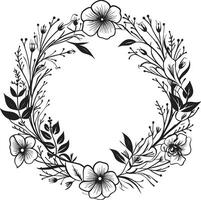 floral sinfonía florido marco logo en negro elegante follaje floral vector icono