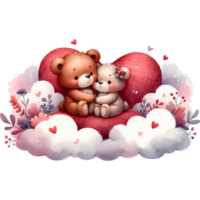 AI generated A cute cartoon couple of bears in love with heart for Valentines day greeting card, clipart png