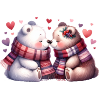 ai gegenereerd een schattig tekenfilm paar van bears in liefde met hart voor valentijnsdag dag groet kaart, clip art png