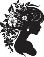 Abstract Flora Fusion Black Artistic Face Emblem Elegant Floral Femme Black Vector Face Emblem