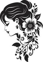 Chic Blooms Persona Woman Vector Design Clean Floral Beauty Black Hand Drawn Icon