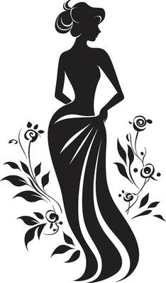 Graceful Full Body Florals Black Emblem Design with Woman Chic Floral Harmony Woman Vector Profile with Blossoms
