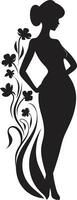 Abstract Flora Fusion Black Artistic Woman Full Body Emblem Elegant Botanical Ensemble Vector Woman Icon in Full Bloom
