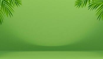 Green Studio Background with Green Palm leaves and Light,Shadow in Empty Room Background,Green Gradient on Wall Room with Floor Mockup Display used for backdrop product present,Spring,Summer Banner vector