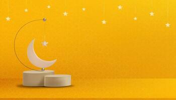 Islamic Background,Eid al-Adha or the end of the fast concept,Studio Background with lantern,Crescent moon,Star on yellow background,Vector of Muslim Symbolic,Eid al fitr, Ramadan Kareem,Eid Mubarak vector