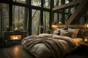 AI Generated Nestled in a snug, contemporary room, a blazing fireplace radiates warmth, enhancing the inviting atmosphere. photo