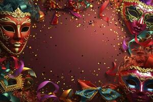 AI Generated .Vibrant masquerade masks, confetti, serpentine, and bows create a festive background framing the image. photo