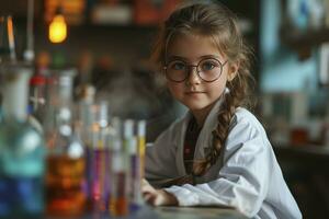 AI Generated A little girl in a white coat and glasses in laboratory holds test tubes with multi-colored liquid in her hands, steam comes from the test tube photo