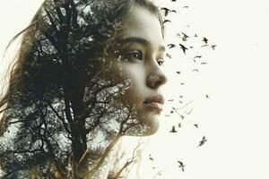 AI Generated Captivating double exposure portrait blending a serene girl with a mystical forest and birds on a pristine white background. photo