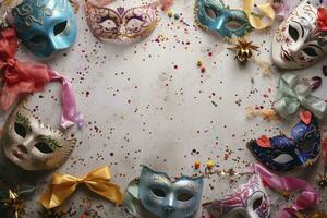 AI Generated elements of the holiday, masks, confetti, serpentine and bows framed around the edge of the picture photo