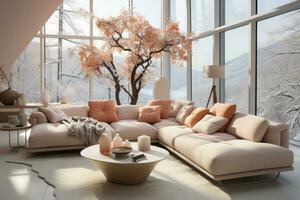 AI Generated In this stylish living room, the trendy peach color scheme adds a touch of warmth and fuzz photo