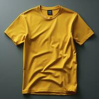 AI Generated A vibrant yellow t-shirt mockup with a basic design and blank space, perfect for showcasing your creative ideas. photo