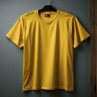 AI Generated A vibrant yellow t-shirt mockup with a basic design and blank space, perfect for showcasing your creative ideas. photo