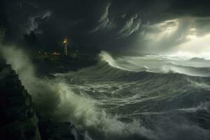 ai generado capturar el drama de un tormenta y tormenta a lo largo el costa foto