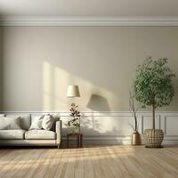 ai generado brillante vivo habitación diseño en un minimalista estilo. vacío llanura pared. suave sofá, interior plantas y suave ligero foto