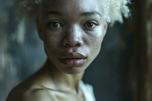 AI Generated In this captivating portrait, the stunning albino African American woman exudes a unique beauty photo