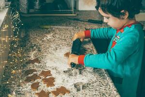 Mother and son engage in delightful holiday baking, crafting Christmas gingerbread photo