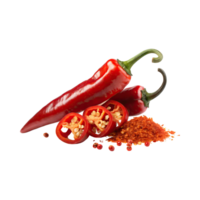 AI generated Red Chilies Pepper With A Green Stem With Sliced Red Chilies, Isolated Background png