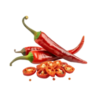 AI generated Red Chilies Pepper With A Green Stem With Sliced Red Chilies, Isolated Background png