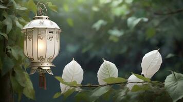 AI generated White Chinese landing lantern left side on on the leaf backgrounds photo