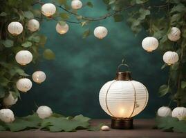 AI generated Pack White Chinese Japanese Paper Lanterns photo