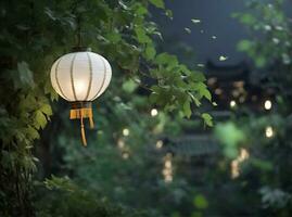 AI generated White Chinese landing lantern left side on the green leaf in night view backgrounds photo