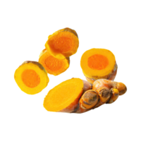 ai generato galleggiante di giallo e arancia Curcuma con affettato, isolato trasparente sfondo png