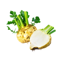 AI generated Floating Of Dirty Celeriac With Sliced, Without Shadow, Isolated Transparent Background png