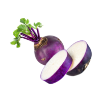 AI generated Floating Of Purple Daikon With Root And Sliced Of It, Without Shadow, Isolated Transparent Background png