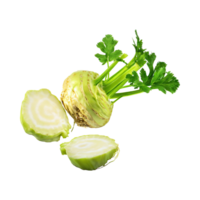 AI generated Floating Of Dirty Celeriac With Sliced, Without Shadow, Isolated Transparent Background png