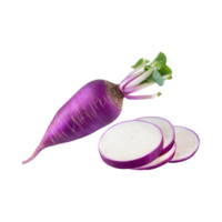 AI generated Floating Of Purple Daikon With Root And Sliced Of It, Without Shadow, Isolated Transparent Background png