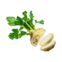 AI generated Floating Of Dirty Celeriac With Sliced, Without Shadow, Isolated Transparent Background png