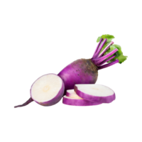 AI generated Floating Of Purple Daikon With Root And Sliced Of It, Without Shadow, Isolated Transparent Background png