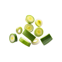 AI generated Floating Slices Of Leek, Without Shadow, Isolated Transparent Background png