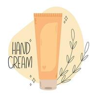 Hand cream bottle for daily skin and body care with flower background. Moisturizing lotion. Vector