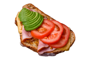 Delicious nutritious grilled toast with ham, cheese, tomatoes and avocado png